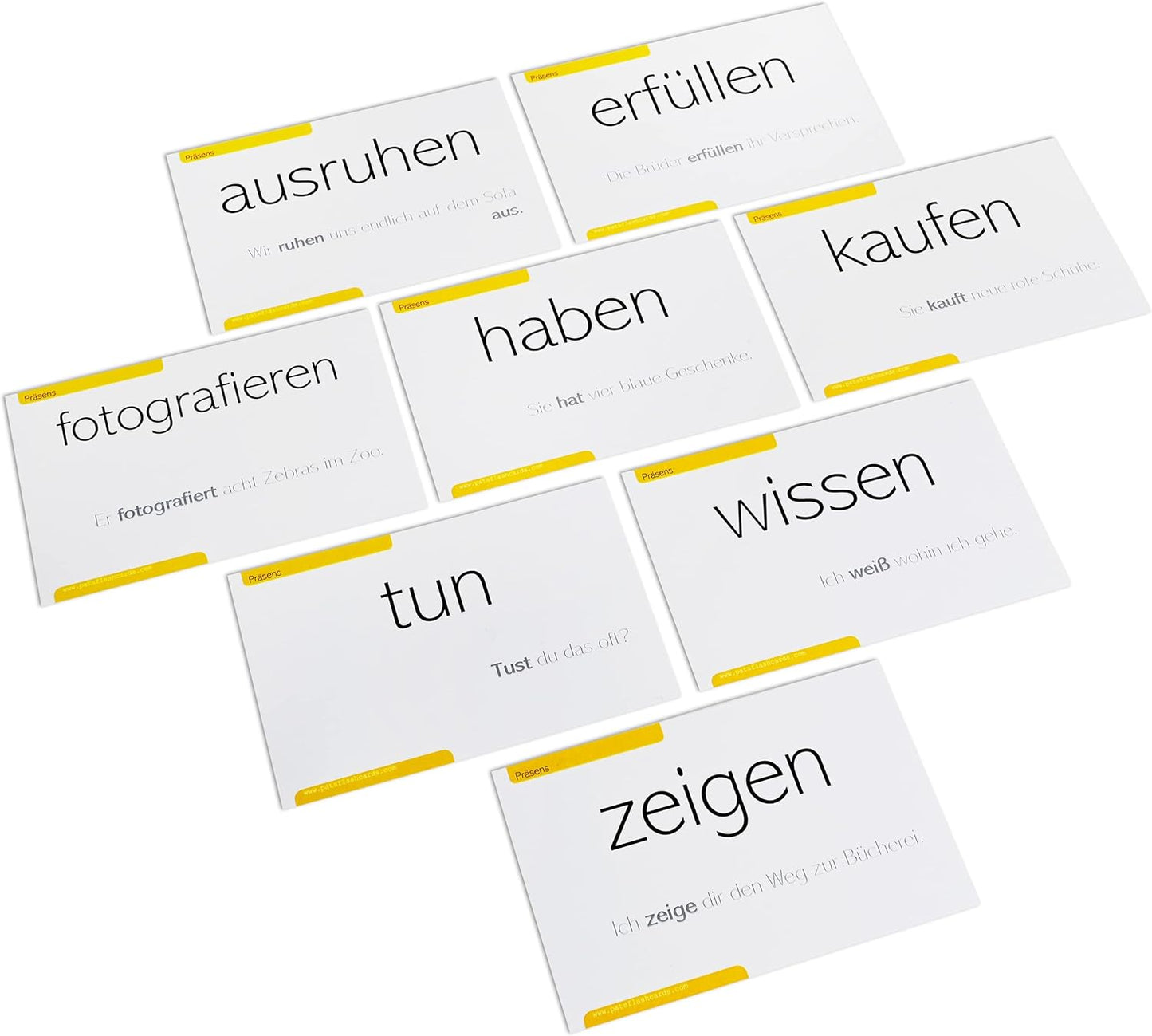 German flashcards showing present tense conjugation examples with English translations for visual language learning.