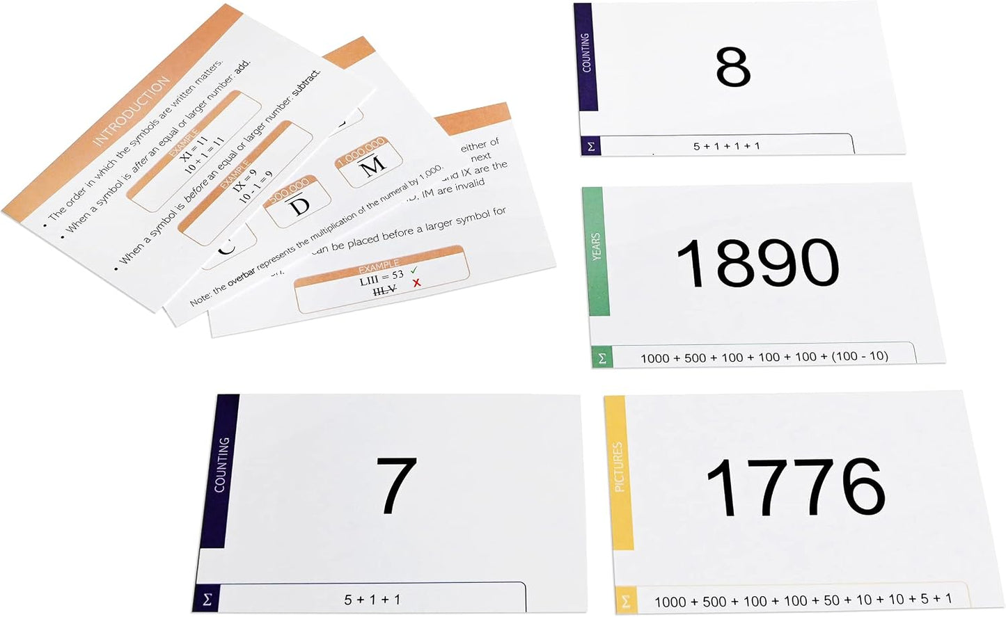142 Roman Numeral Flash Cards with Explanations, Rules, Equations and Examples Made in The U.S.A