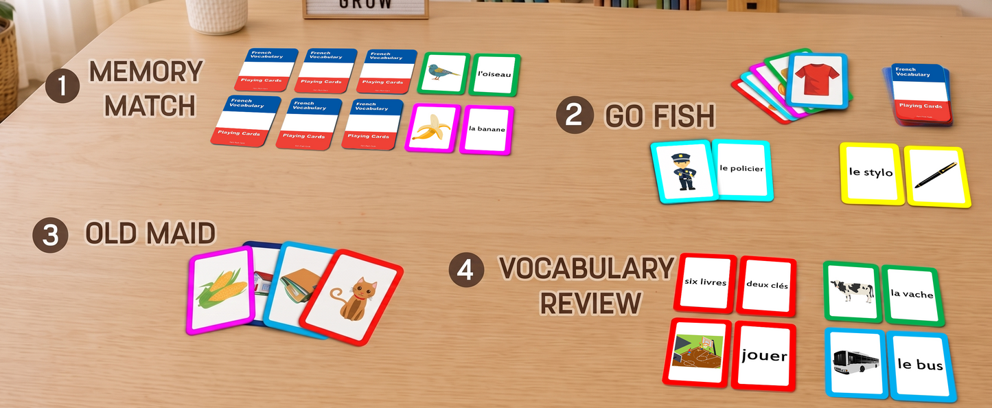 384 French Concentration and Memory Matching Card Game Playing Cards - Includes Animals, Food, Family, and More