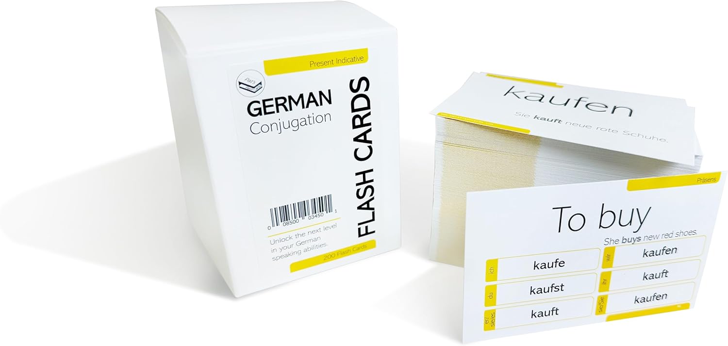 German conjugation flashcards box set featuring present tense verb cards for beginner German language learning.