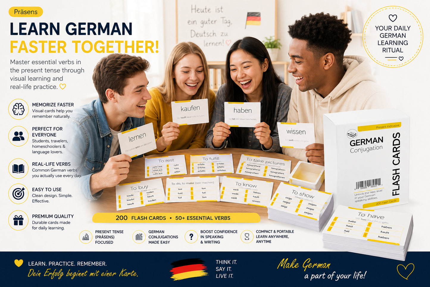 200 German Verb Conjugation Present Tense Flash Cards - Full Examples in Both German and English