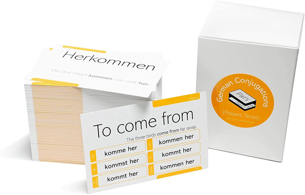 200 German Verb Conjugation Present Tense Flash Cards - Full Examples in Both German and English